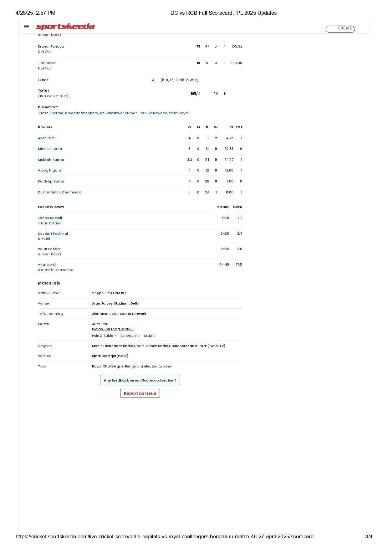 DC vs RCB 2025 scorecard.